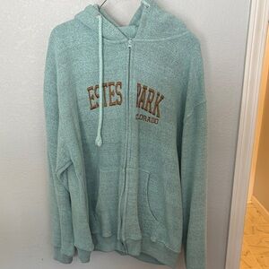Blue green Zip-Up Hoodie with Embroidered Text